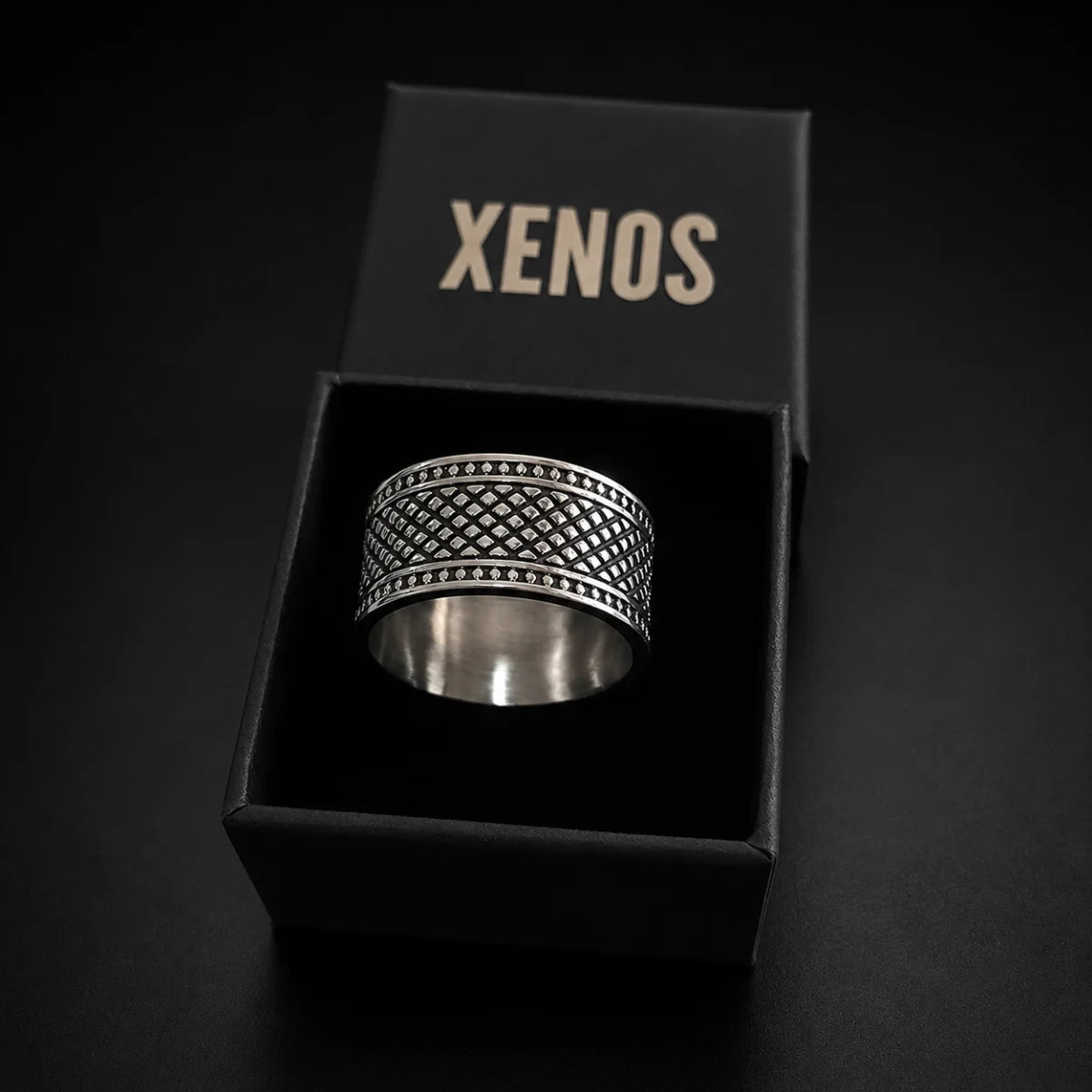 13mm Textured Band Ring Displayed in Xenos Jewelry Box