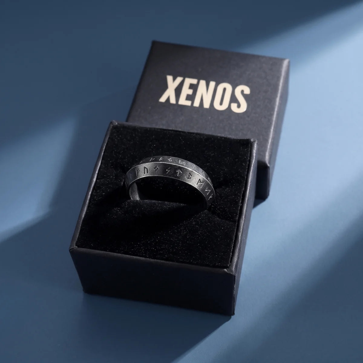 316L Stainless Steel Rune Ring Antique Black Displayed in Xenos Jewelry Box
