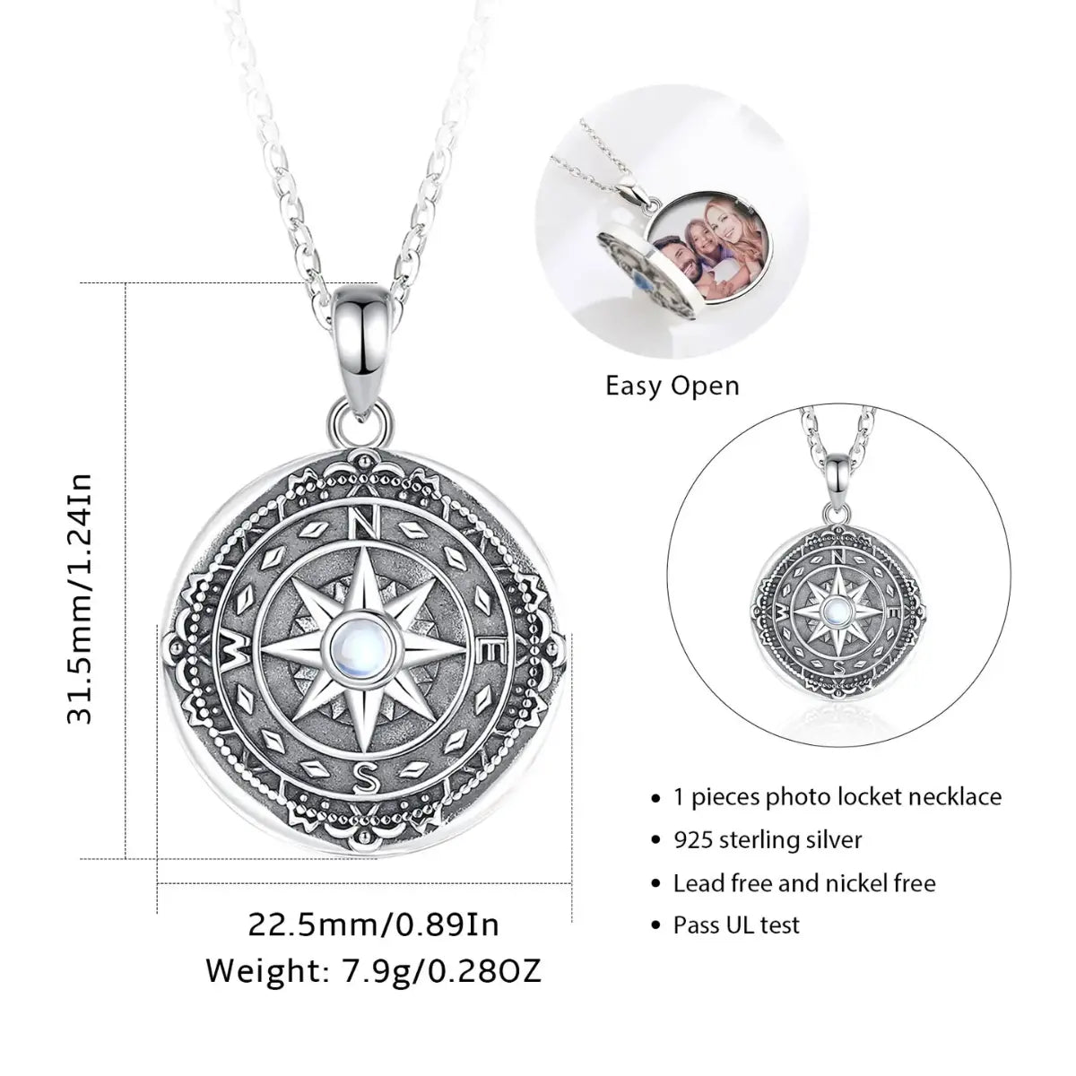 925 Sterling Silver Moonstone Compass Photo Locket Size Dimensions 31.5mm 1.24inch 7.9g 0.28oz Jewelry