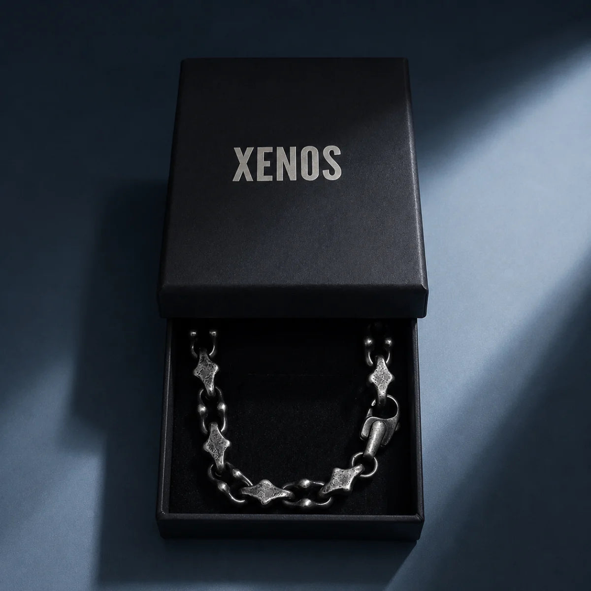 Antique Silver Geometric Stainless Steel Bracelet Presented in Xenos Jewelry Packaging Box