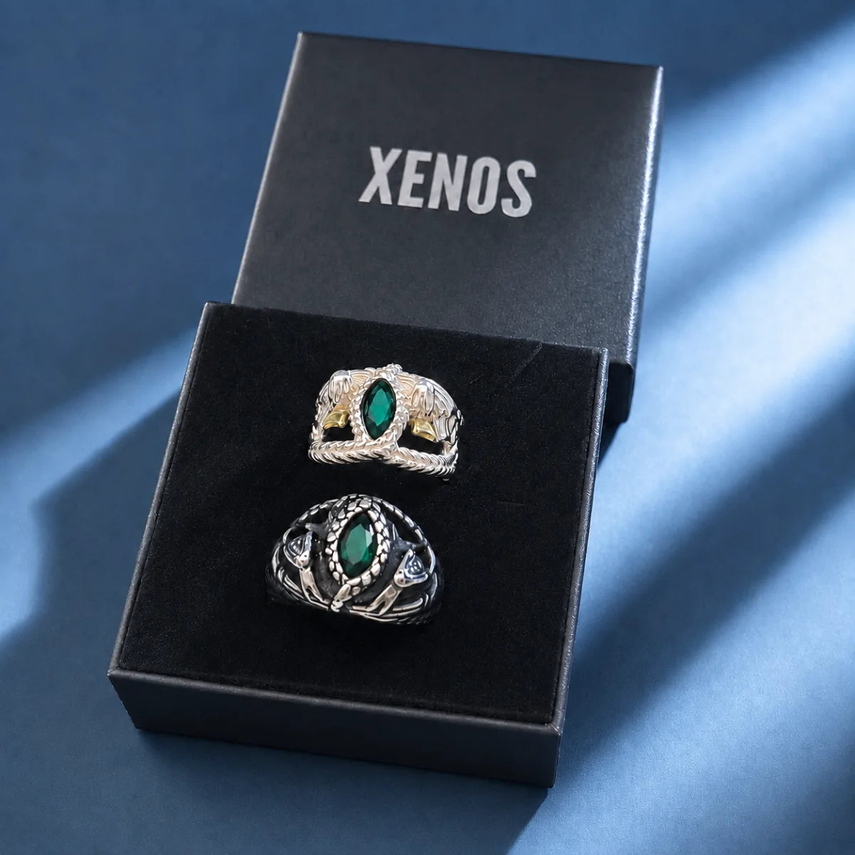 Aragorn-Ring-of-Barahir-Sterling-Silver-and-Stainless-Steel-Displayed-in-Xenos-Jewelry-Box