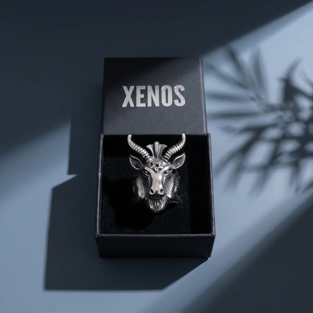 Baphomet Goat Head Ring Inside a Xenos Jewelry Box