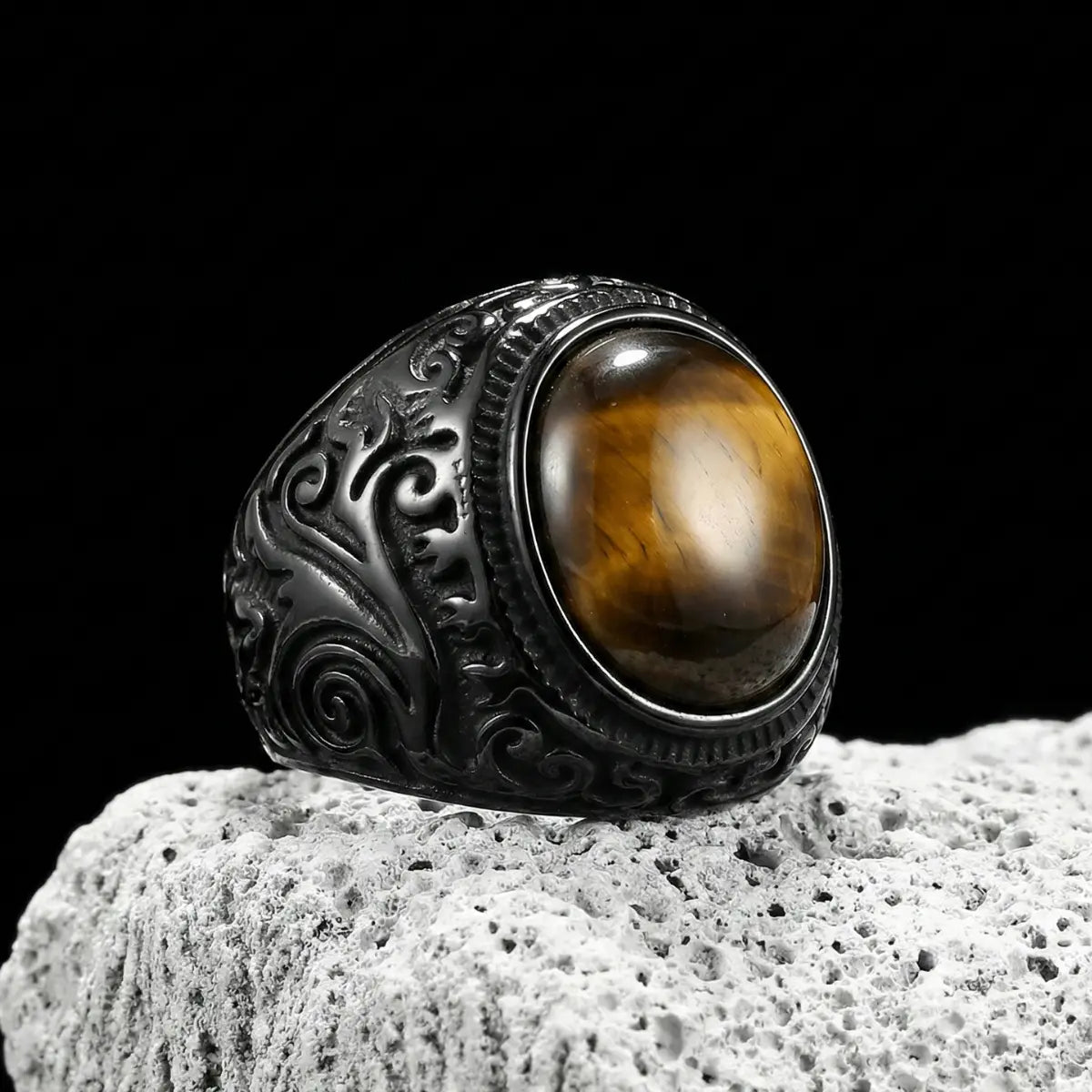 Lncs s925 Signet Tyger Eye Ring 箱付き Black Scrollwork Tiger Eye Signet Ring | Men's Ring