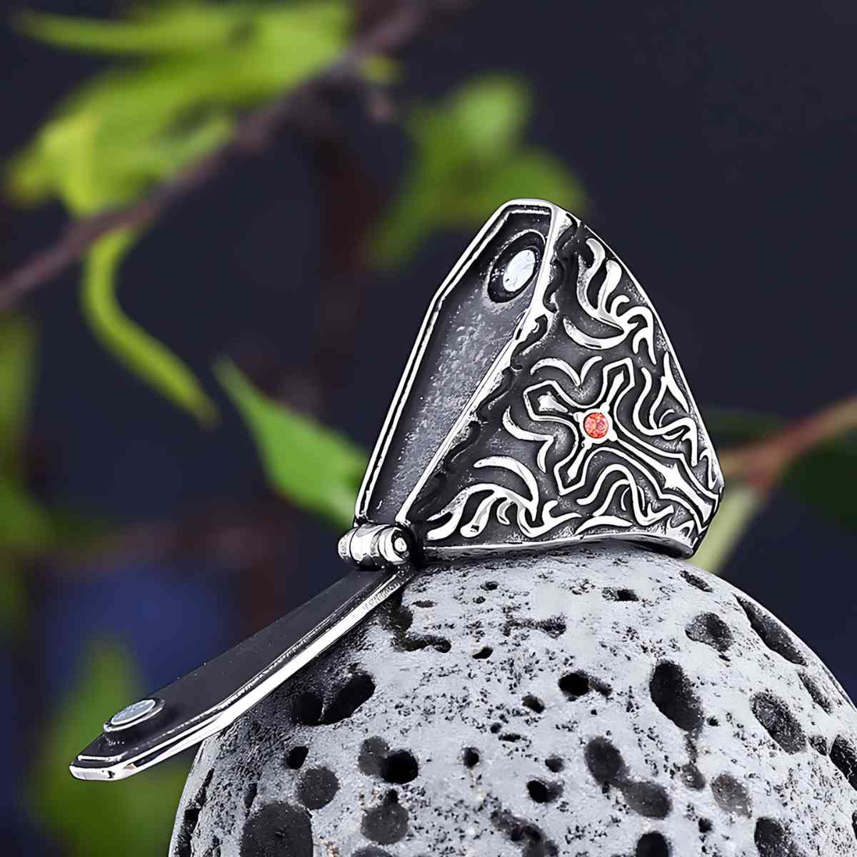 Cross Coffin Ring with Red Gem