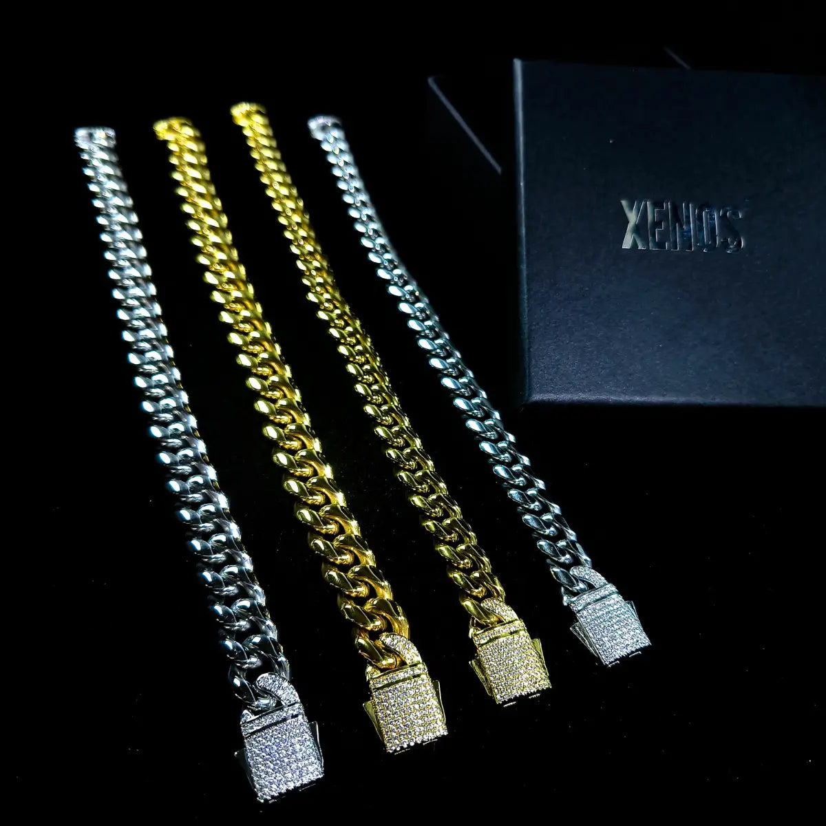 Cuban Link Bracelet CZ Silver 12mm 10mm Gold and Silver Variation Xenos Jewelry