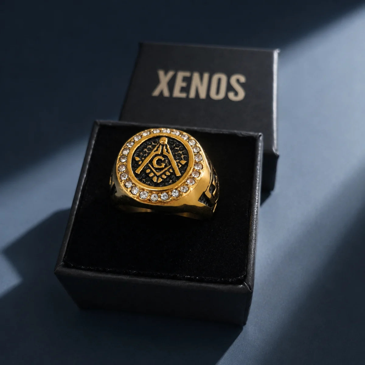 Diamond Freemason Ring Gold Displayed in Xenos Jewelry Box