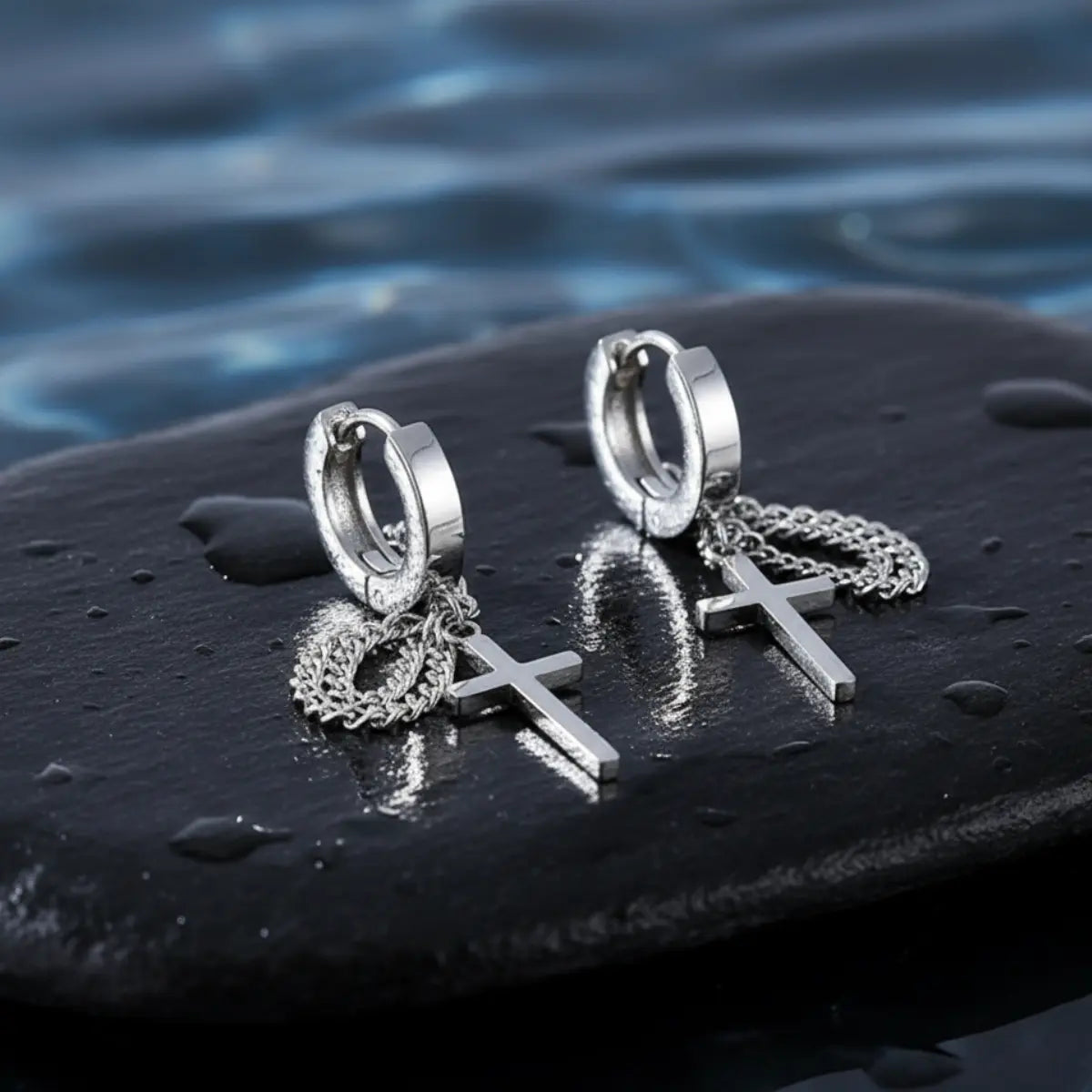 Double Chain Cross Drop Hoop Earrings