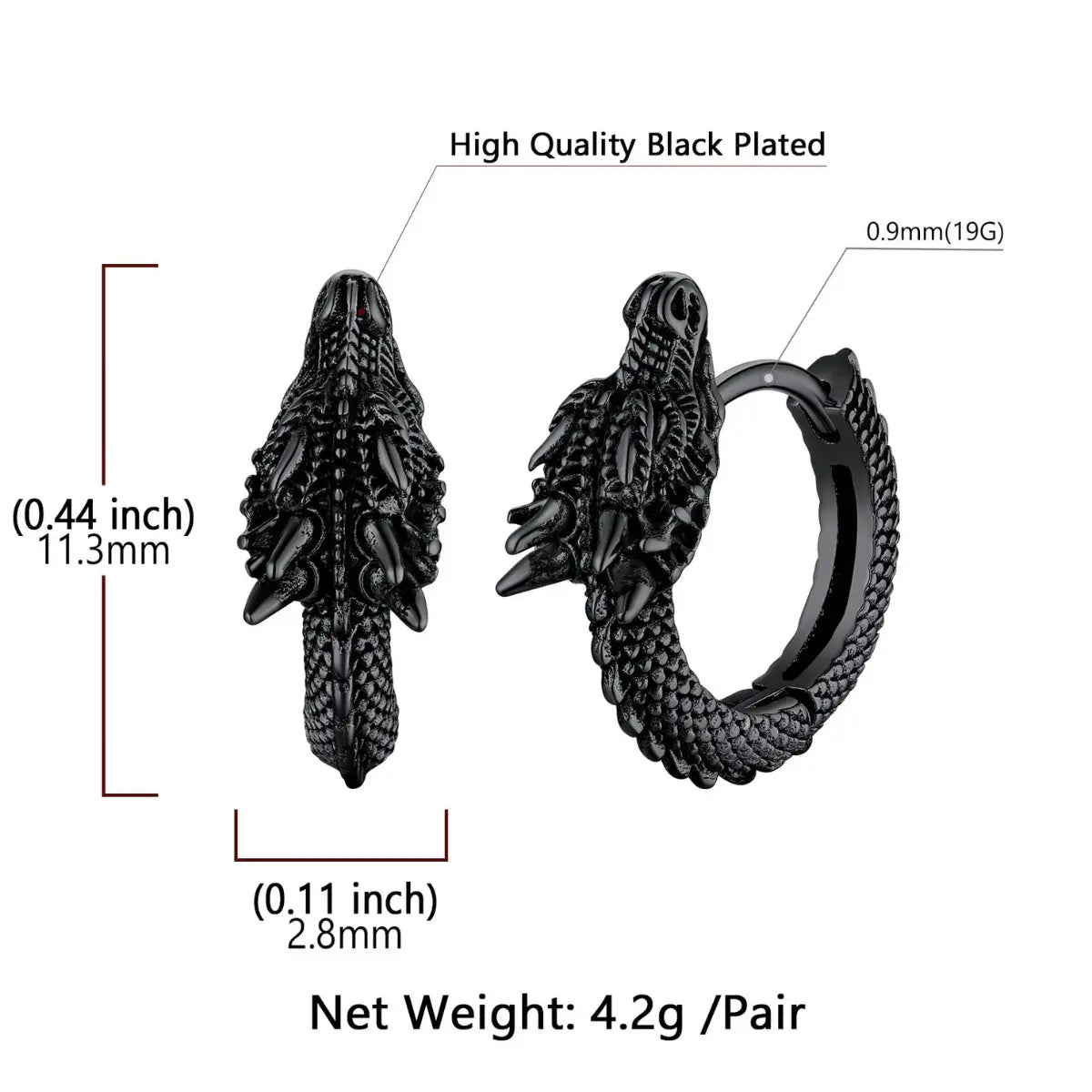 Dragon Hoop Earrings Dimensions and Weight - Xenos Jewelry