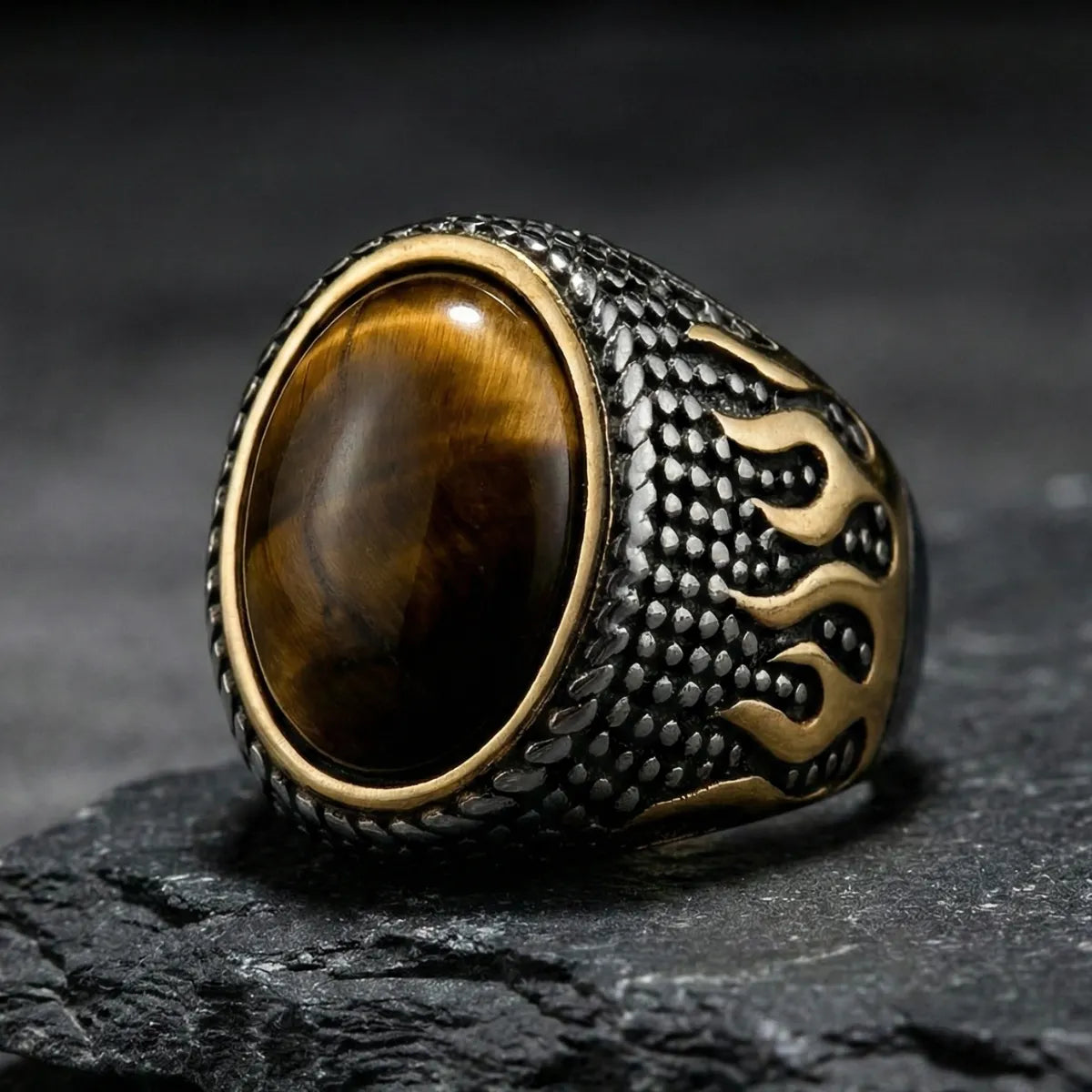 Flame Tiger's Eye Signet Ring | Biker Jewelry