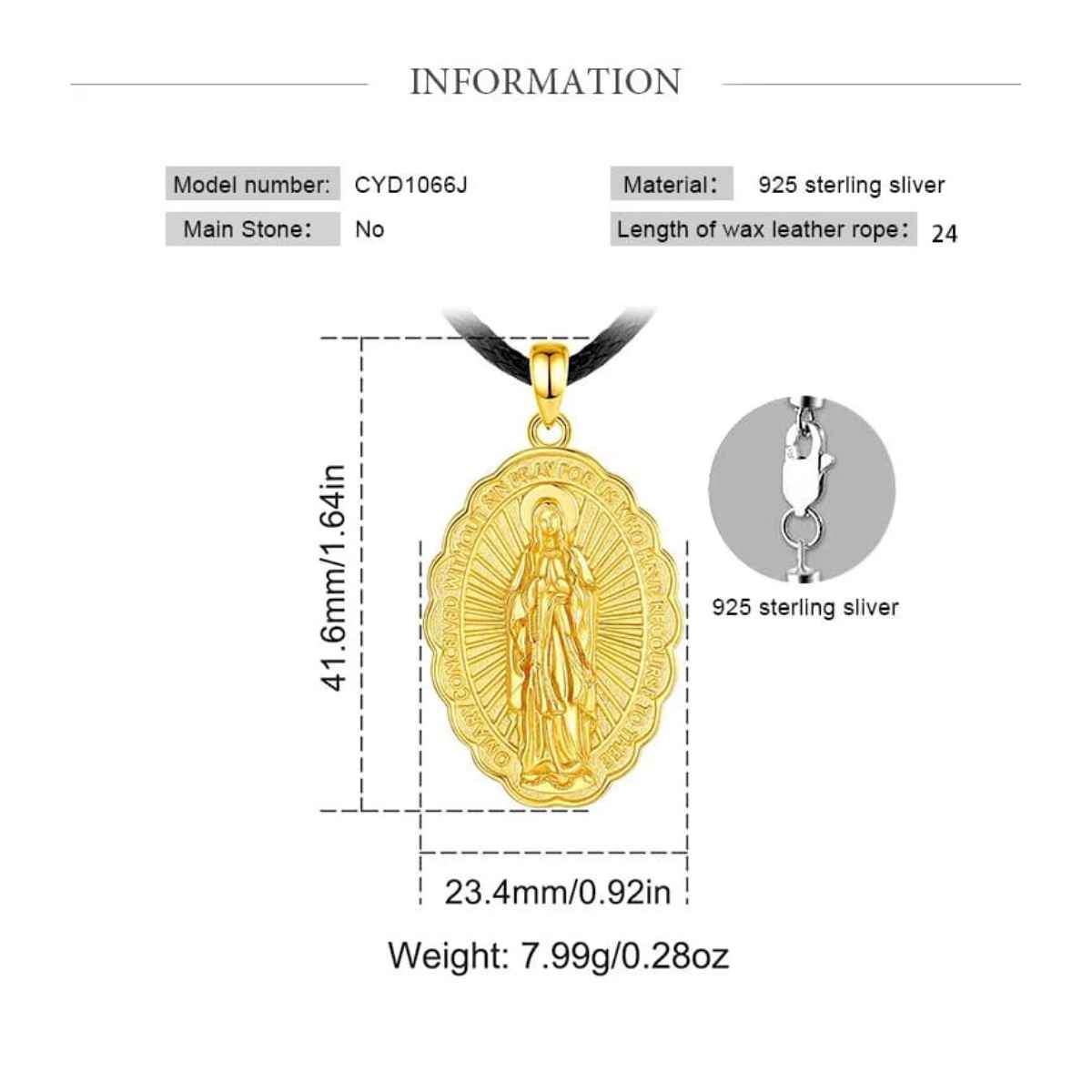 Gold Virgen de Guadalupe Necklace Dimensions and Weight Xenos Jewelry