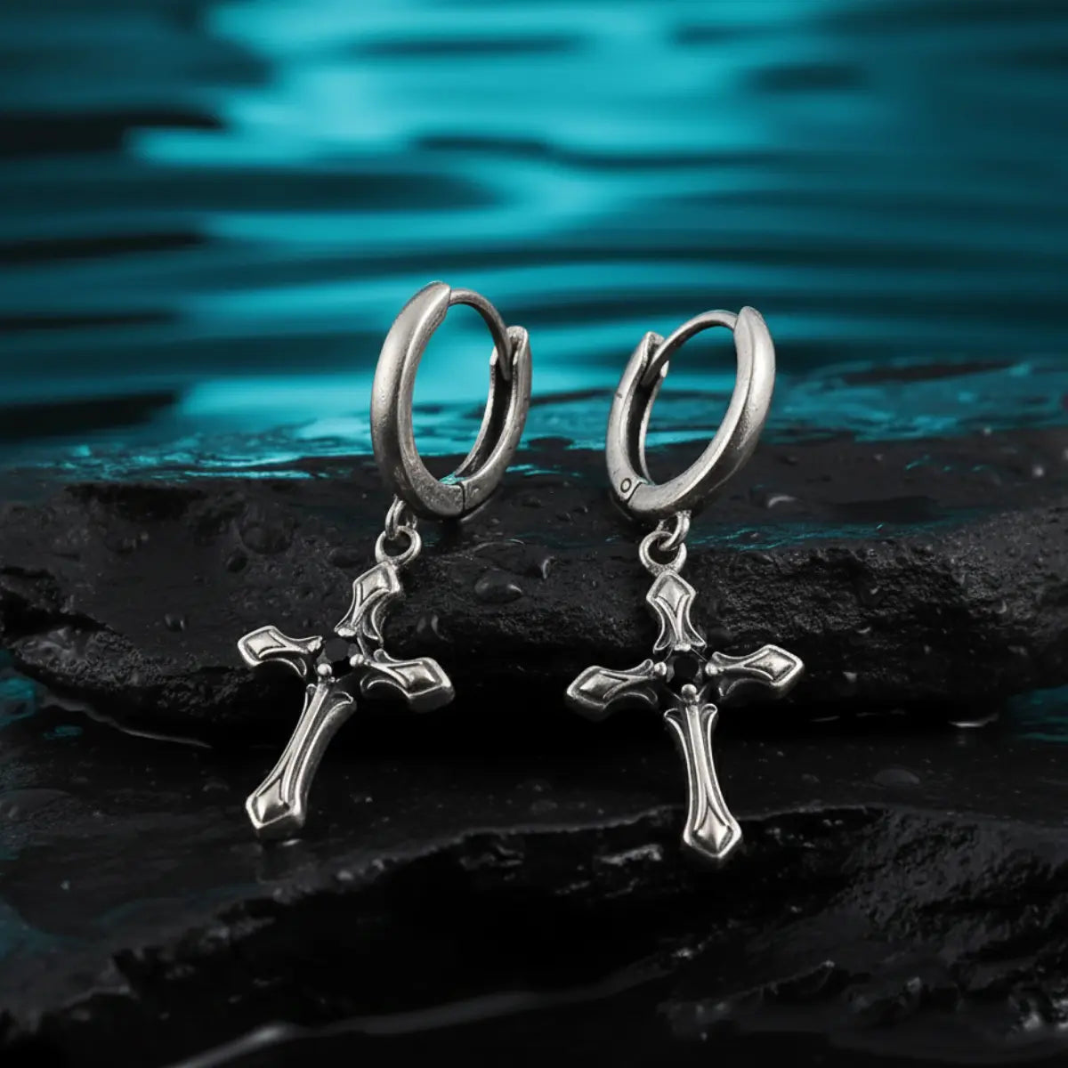 Gothic Cross Drop Hoop Earrings Sterling Silver