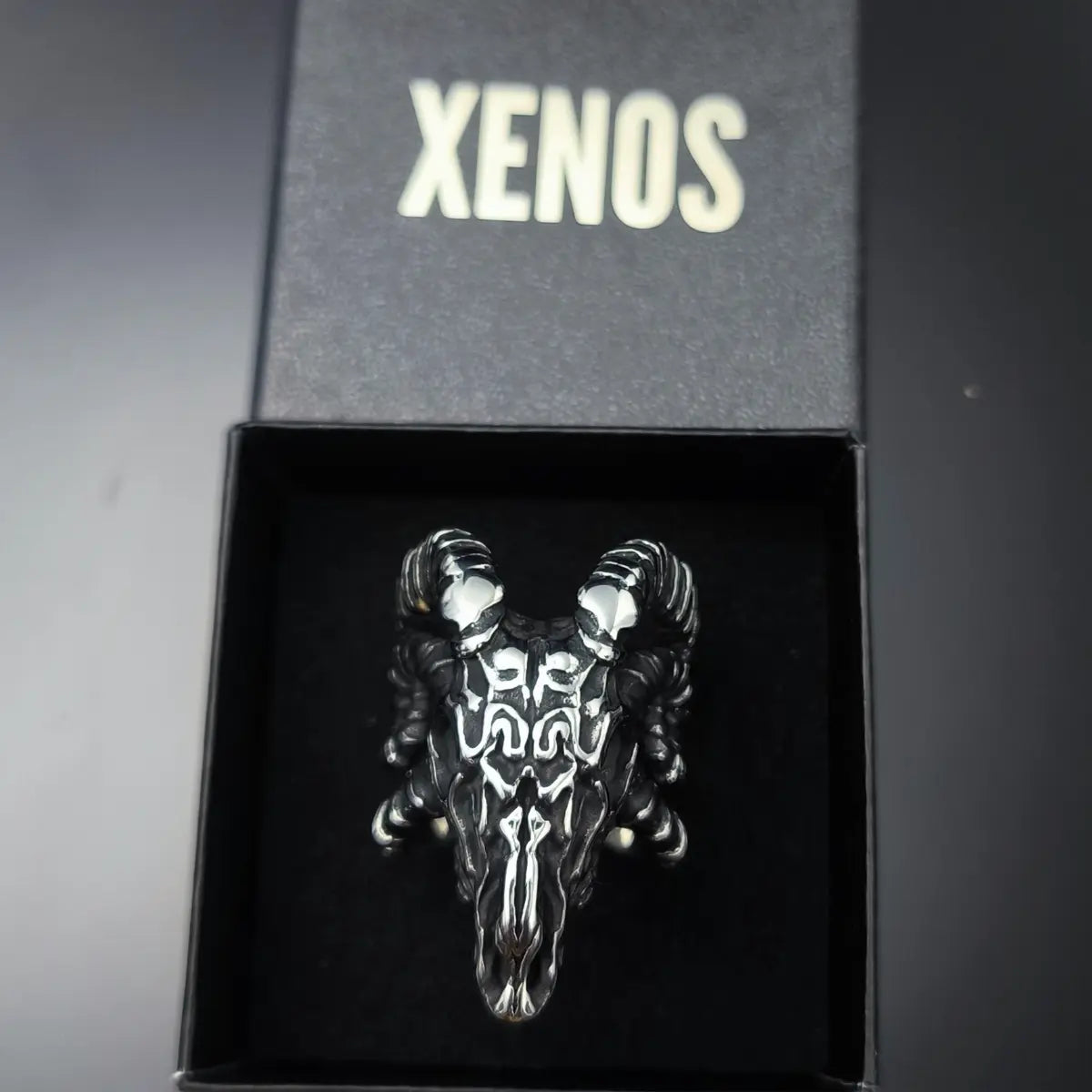Gothic Ram Skull Ring Presented in Box Xenos Jewelry