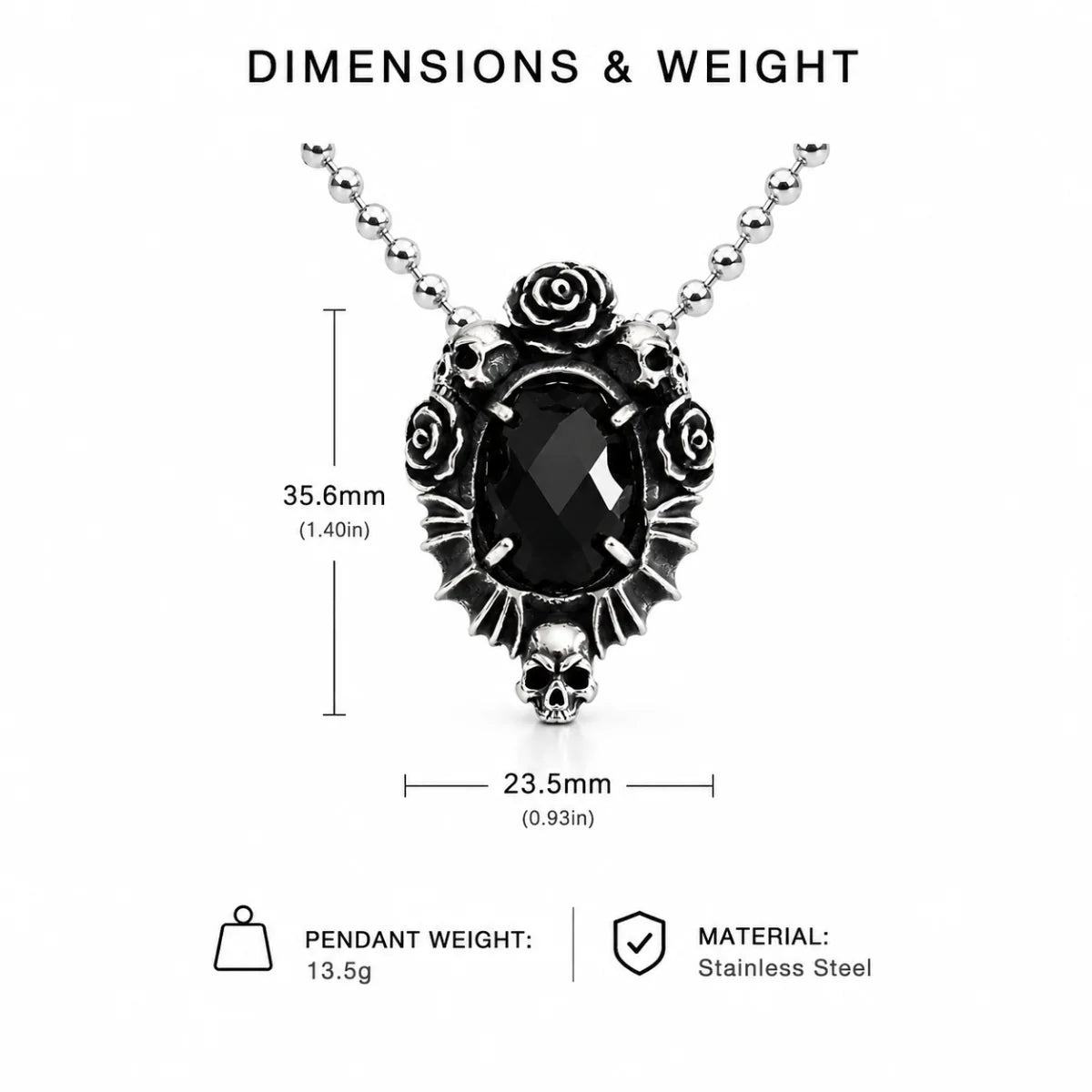 Gothic Rose Necklace Stainless Steel Dimension Diagram 33.5mm 1.32inch and 22.5mm 0.89inch