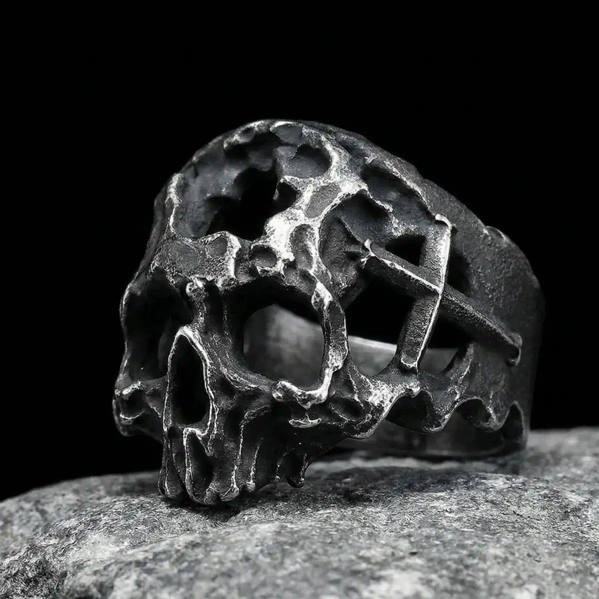 Hollow Cross Skull Ring | Distressed Silver Statement Ring