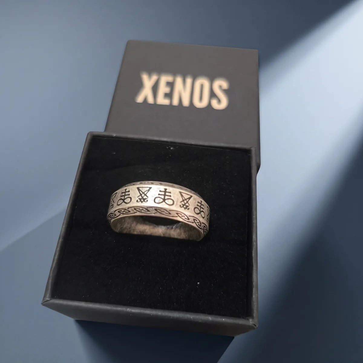 Lucifer Sigil Band Ring Inside a Xenos Jewelry Box