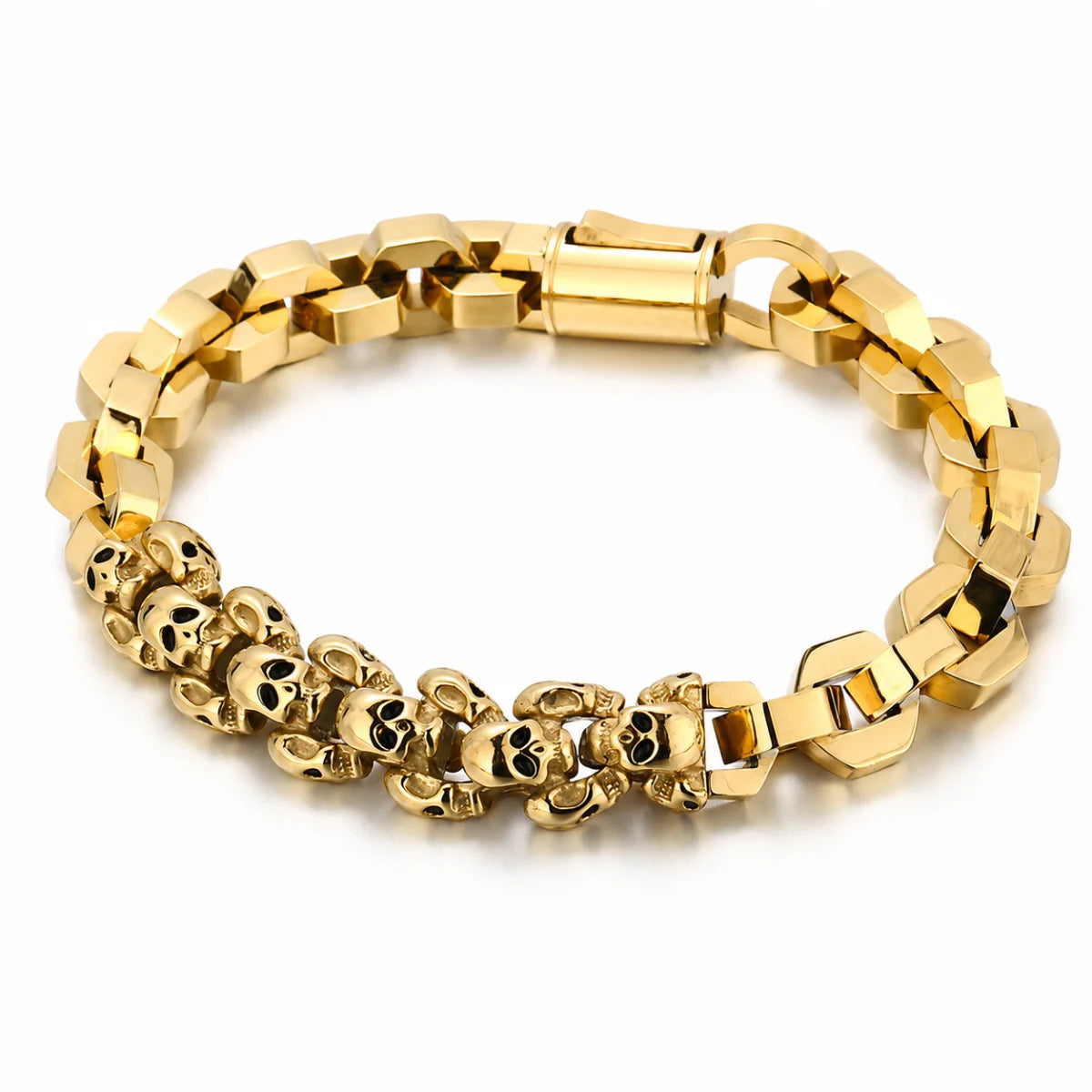 Multi Skull Block Bracelet Gold Front View White Background