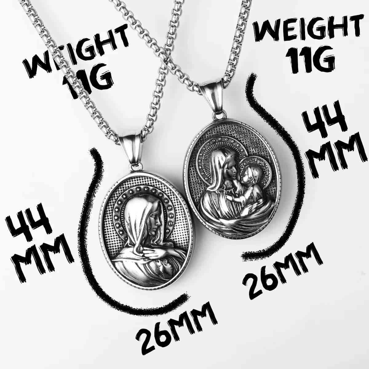 Oval Mother Mary and Child Necklace Dimensions and Weight Xenos Jewelry