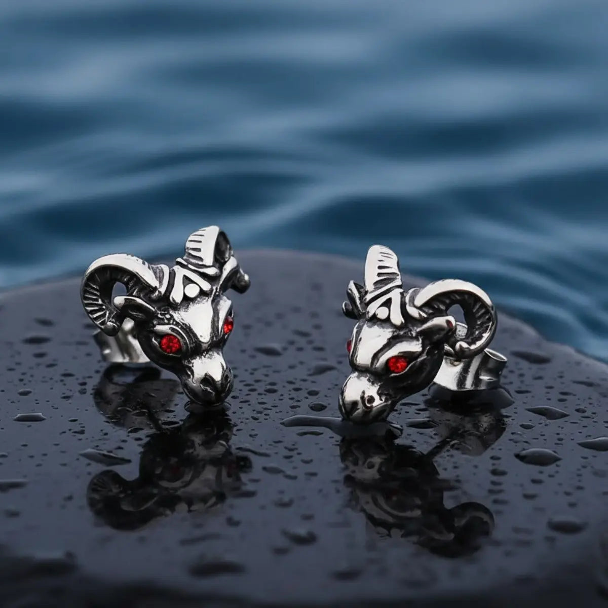 Gothic Red Eye Goat Skull Earrings in Stainless Steel