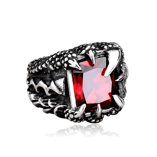 Red Gemstone CZ Stainless Steel Dragon Claw Ring Xenos Jewelry