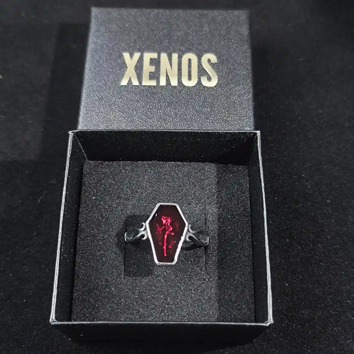 Red Gothic Rose Coffin Ring Presented in Box Xenos Jewelry