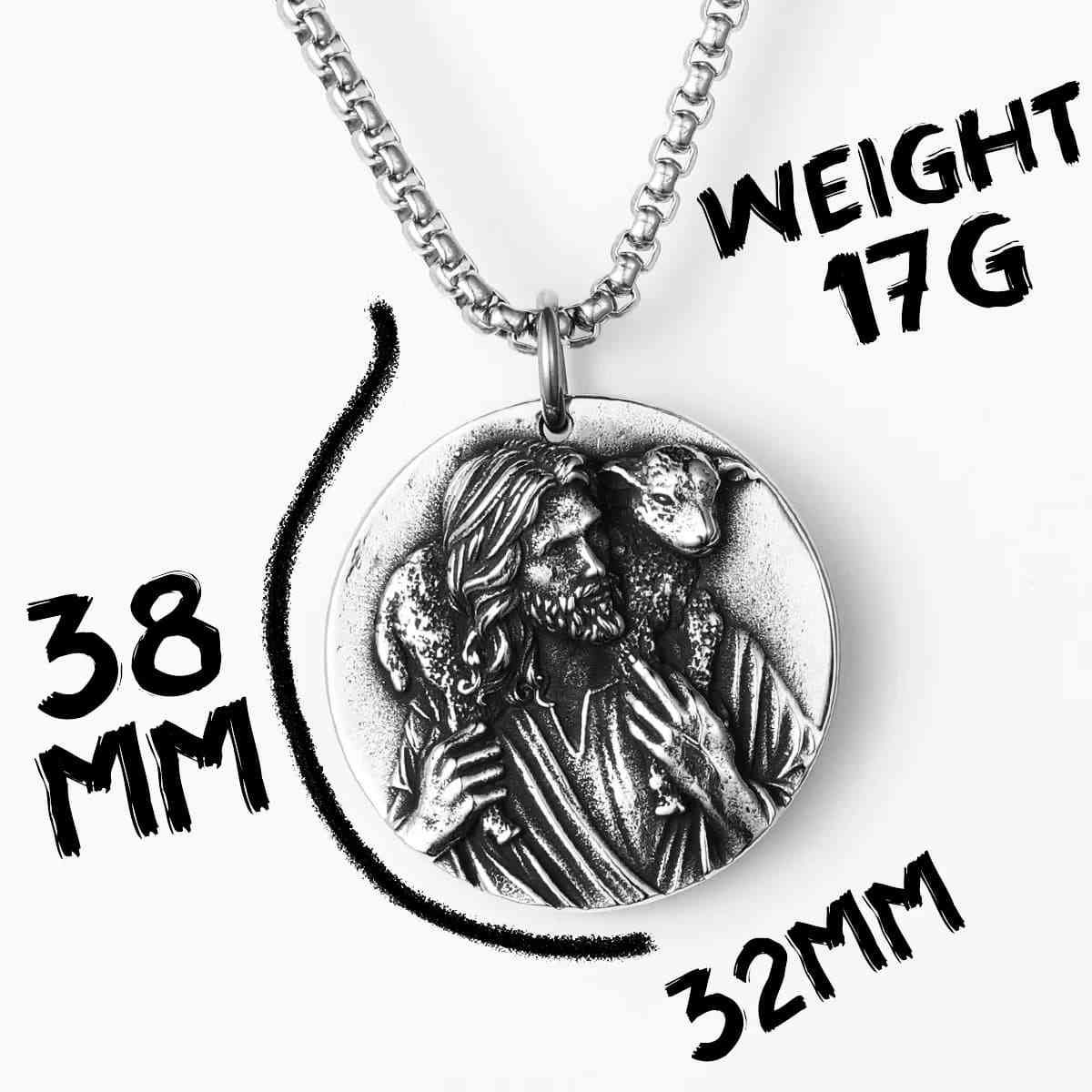 Round Jesus Pendant with Lamb Pendant with Chain Dimensions and Weight Xenos Jewelry