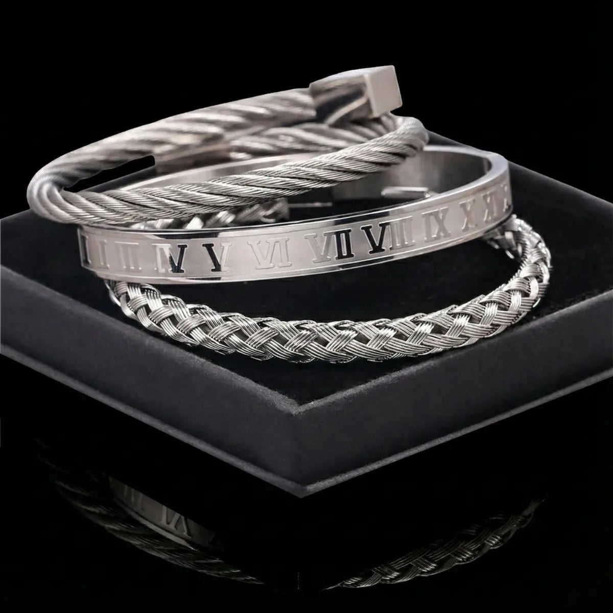Royal Steel Cable & Braided Roman Numeral Bracelet Set Silver with Box
