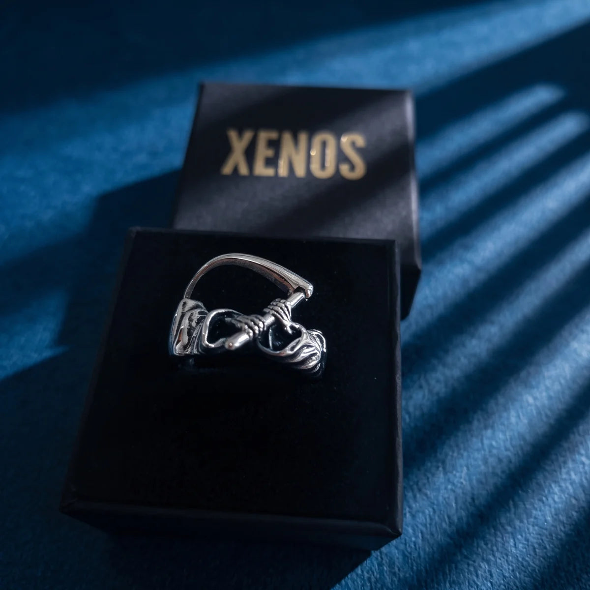 Scythe Ring Style B Silver Displayed in Xenos Jewelry Box