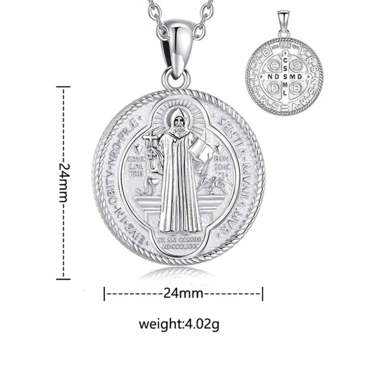 Silver Benedictine Medal Necklace Dimensions and Weight Xenos Jewelry