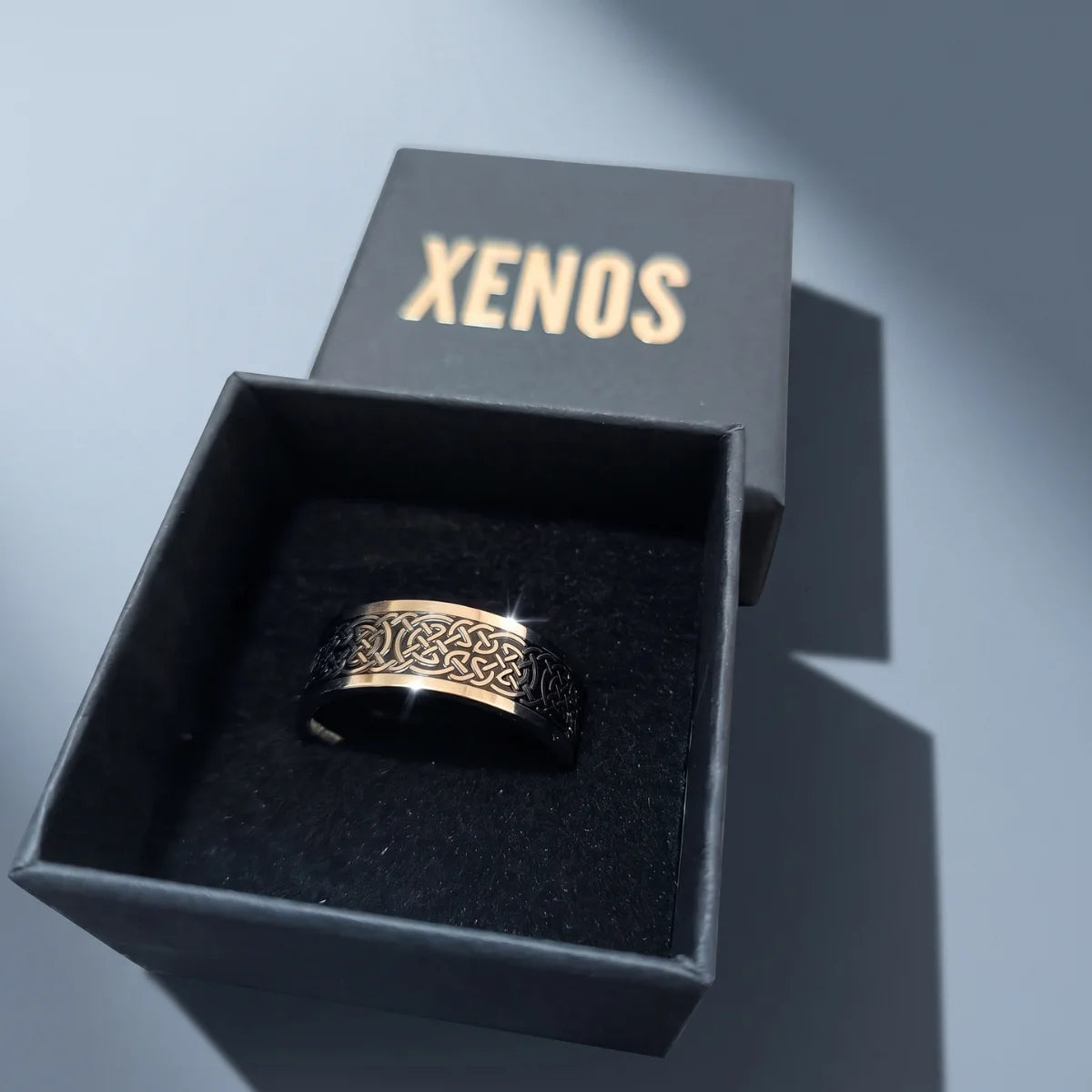 Silver Celtic Knot Band Ring Presented in Xenos Jewelry Packaging Box