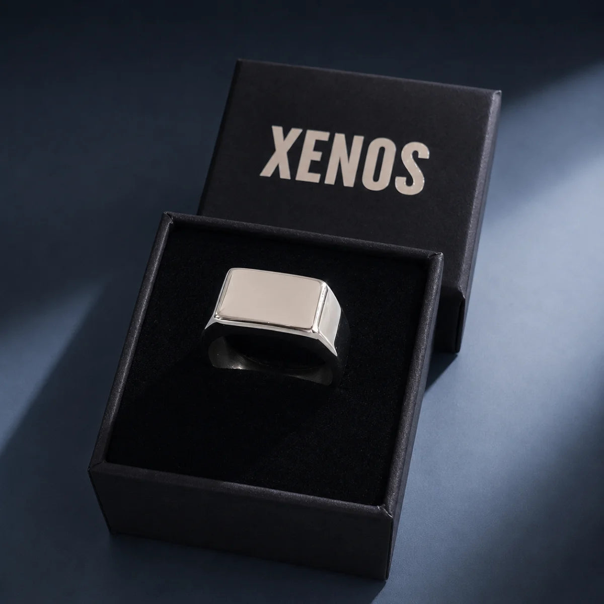 Silver Mens Flat Top Ring Displayed in Xenos Jewelry Box