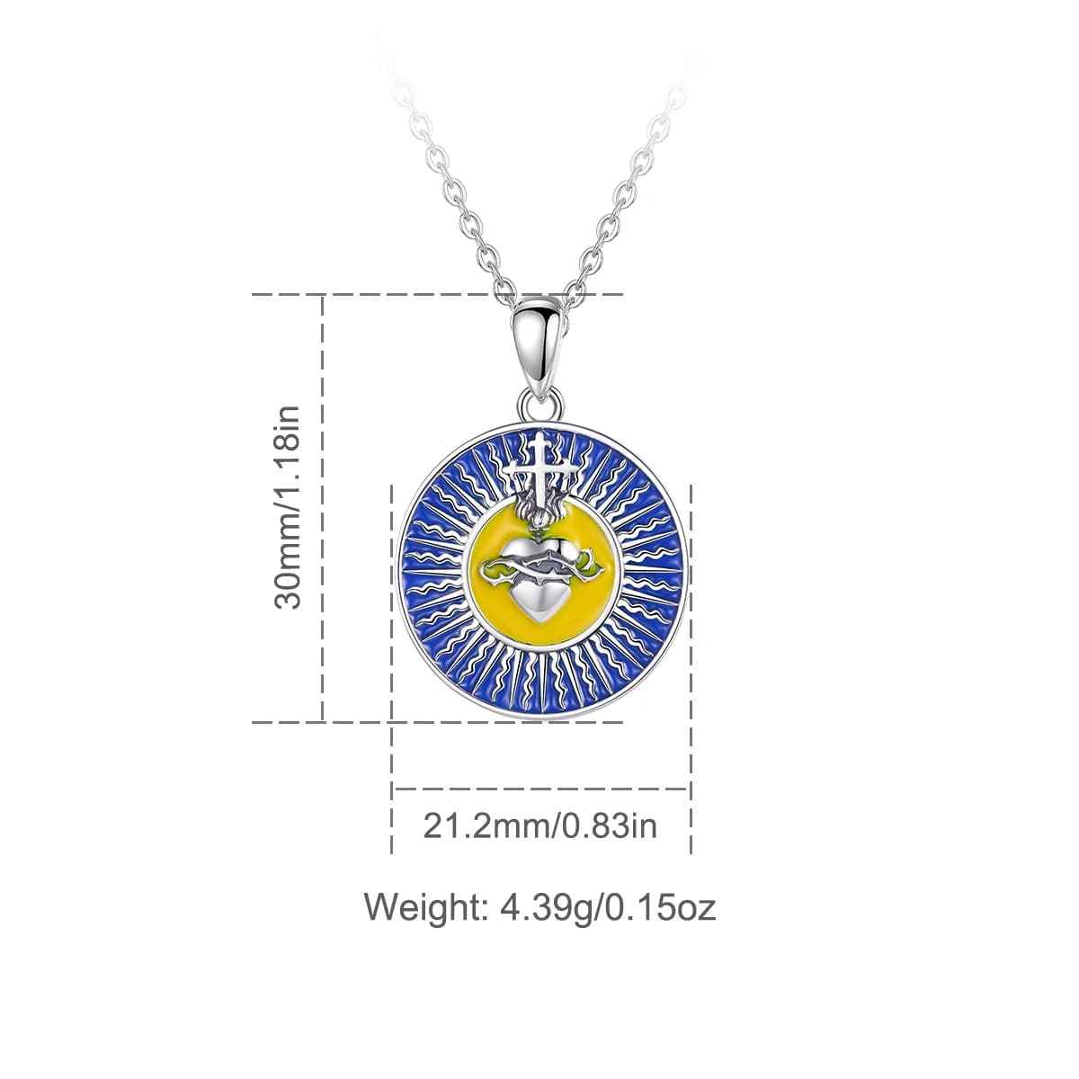 Silver Sacred Heart Necklace with Blue and Yellow Enamel Dimensions and Weight Xenos Jewelry