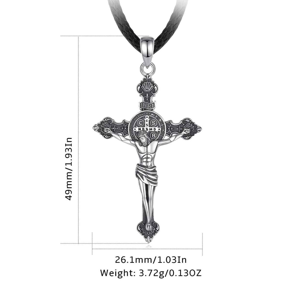 Silver St Benedict Crucifix Necklace with INRI Dimensions and Weight Xenos Jewelry