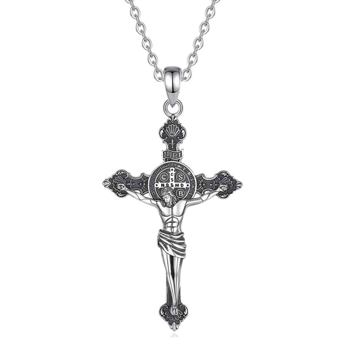 Silver St Benedict Crucifix Necklace with INRI with 18inch Chain Xenos Jewelry