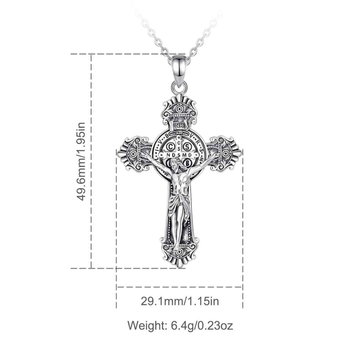 Silver St Benedict Crucifix Necklace with Intricate Design Dimensions and Weight Xenos Jewelry