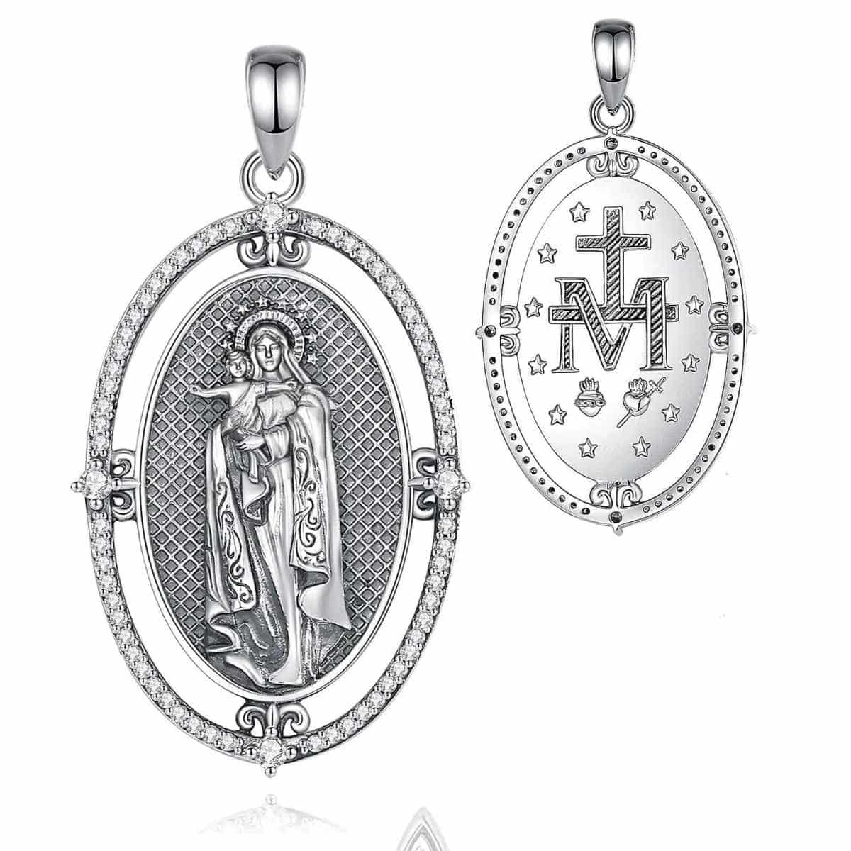 Miraculous Medal Religious Pendant, Vintage Sterling Silver good & Mother of Pearl, 18 in. Chain, A+ Condition