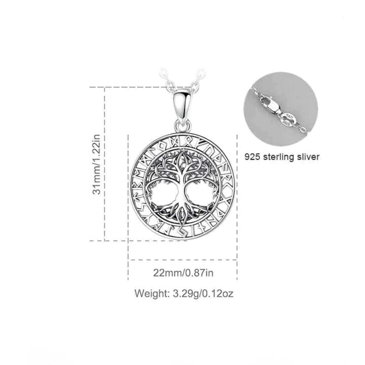 Silver Yggdrasil Necklace with Runes Dimensions and Weight Xenos Jewelry