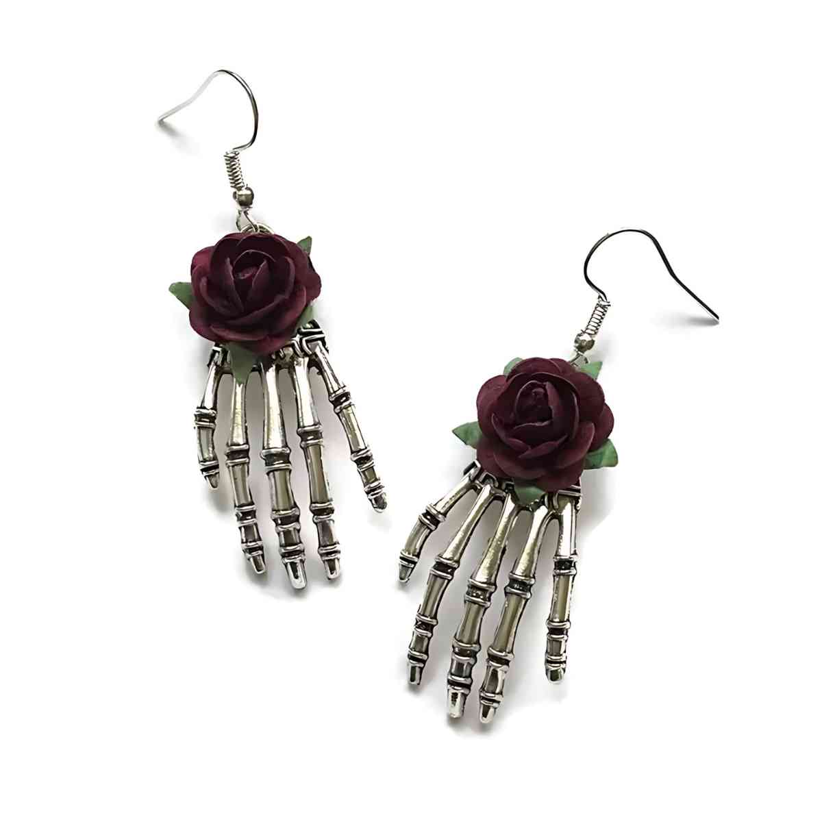 Skeleton Hand Earrings with Burgundy Rose