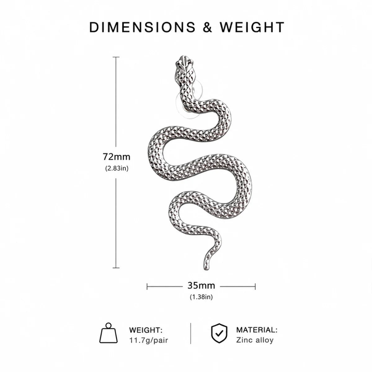 Snake Drop Earrings for Women Silver Dimension Diagram 72mm 2.83inch and 35mm 1.38inch