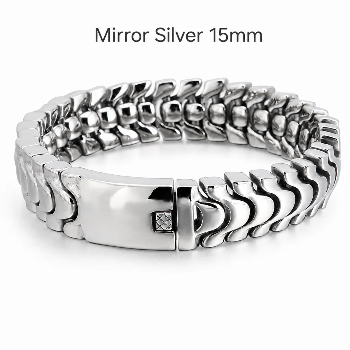 Spine Link Bracelet Mirror Silver 15mm Front View White Background