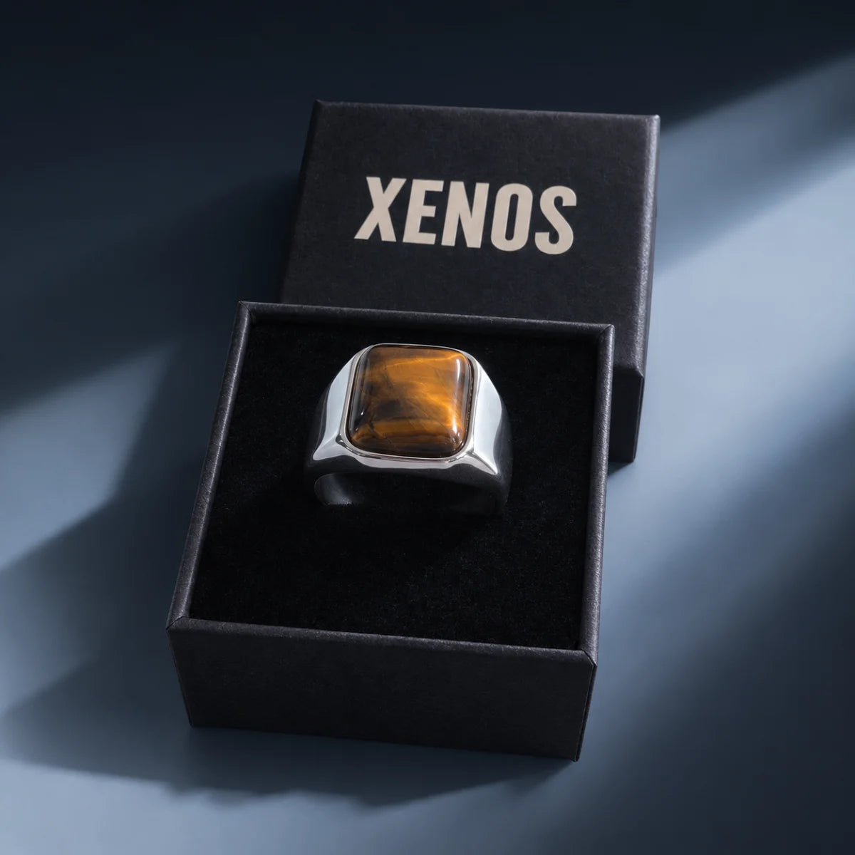 Square Tiger Eye Signet Ring Displayed in Xenos Jewelry Box