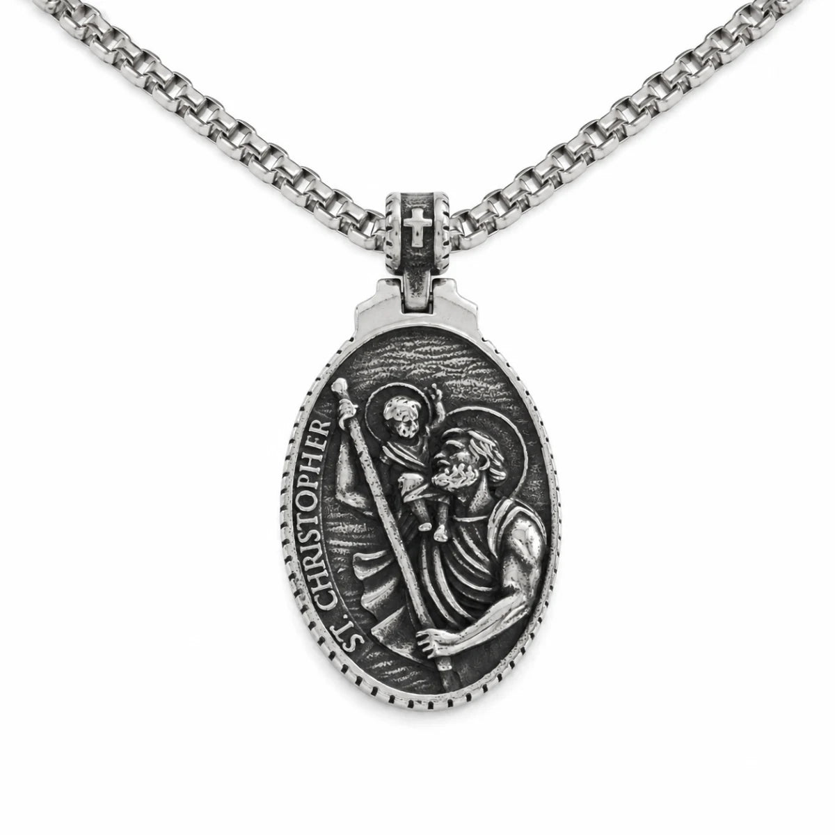 St Christopher Oval Pendant Silver Pendant with Chain Front View White Background