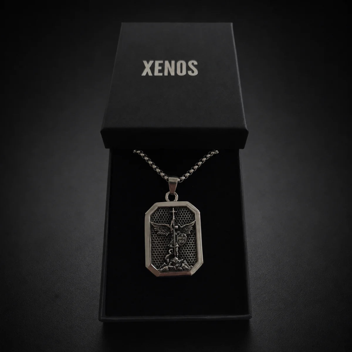 St Michael Dog Tag Necklace Silver Displayed in Xenos Jewelry Box