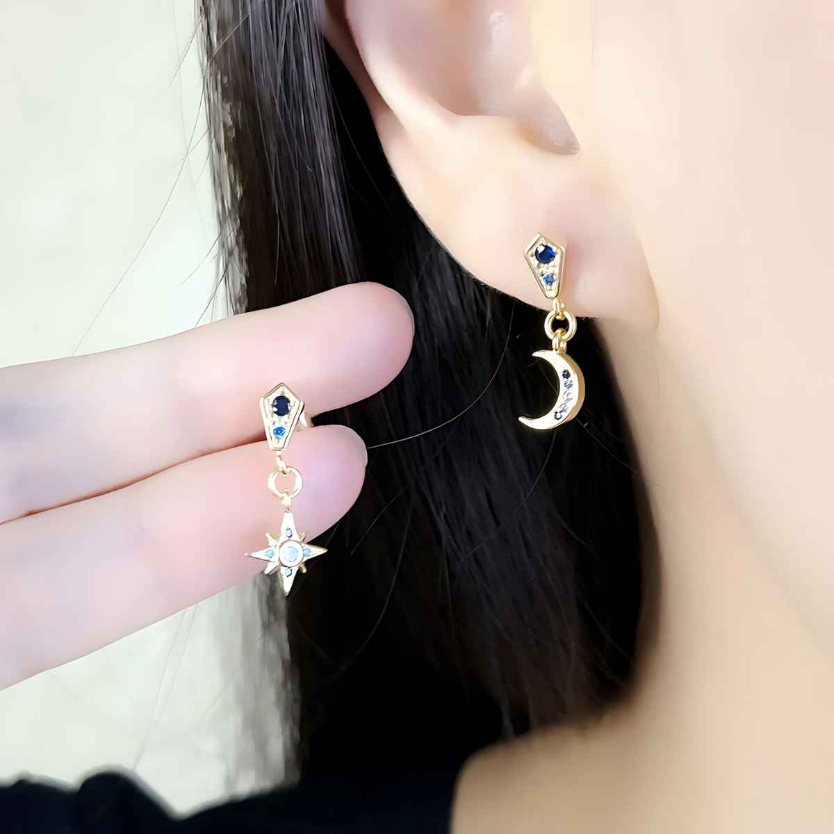 Sterling Silver Moon and Star Stud Earrings for Women Gold