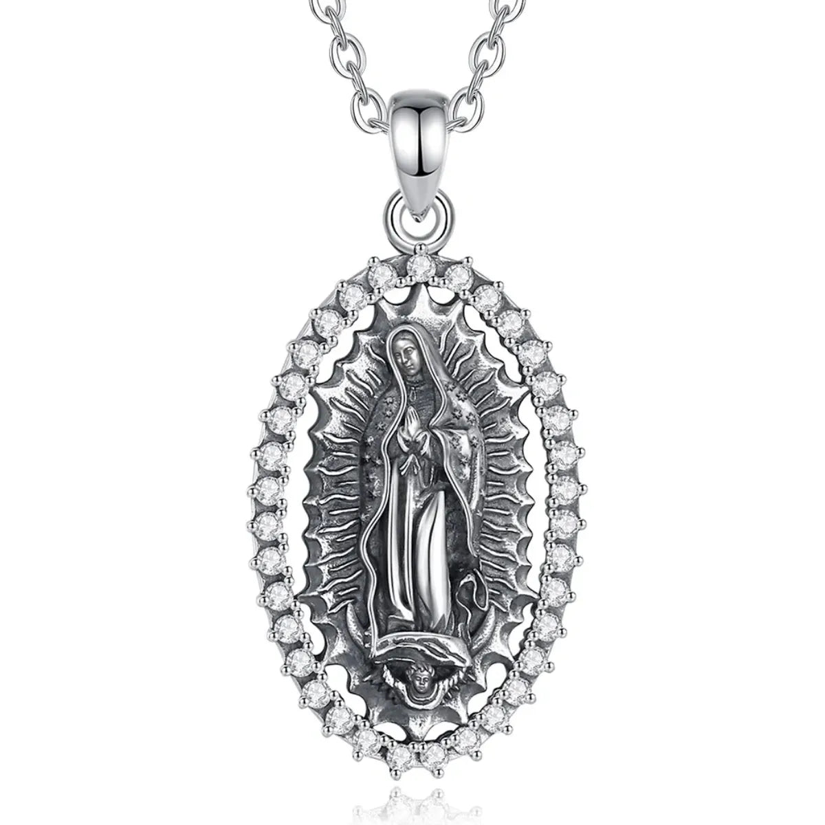 Sterling Silver Virgin Mary Halo Pendant Necklace with CZ with 20inch Chain