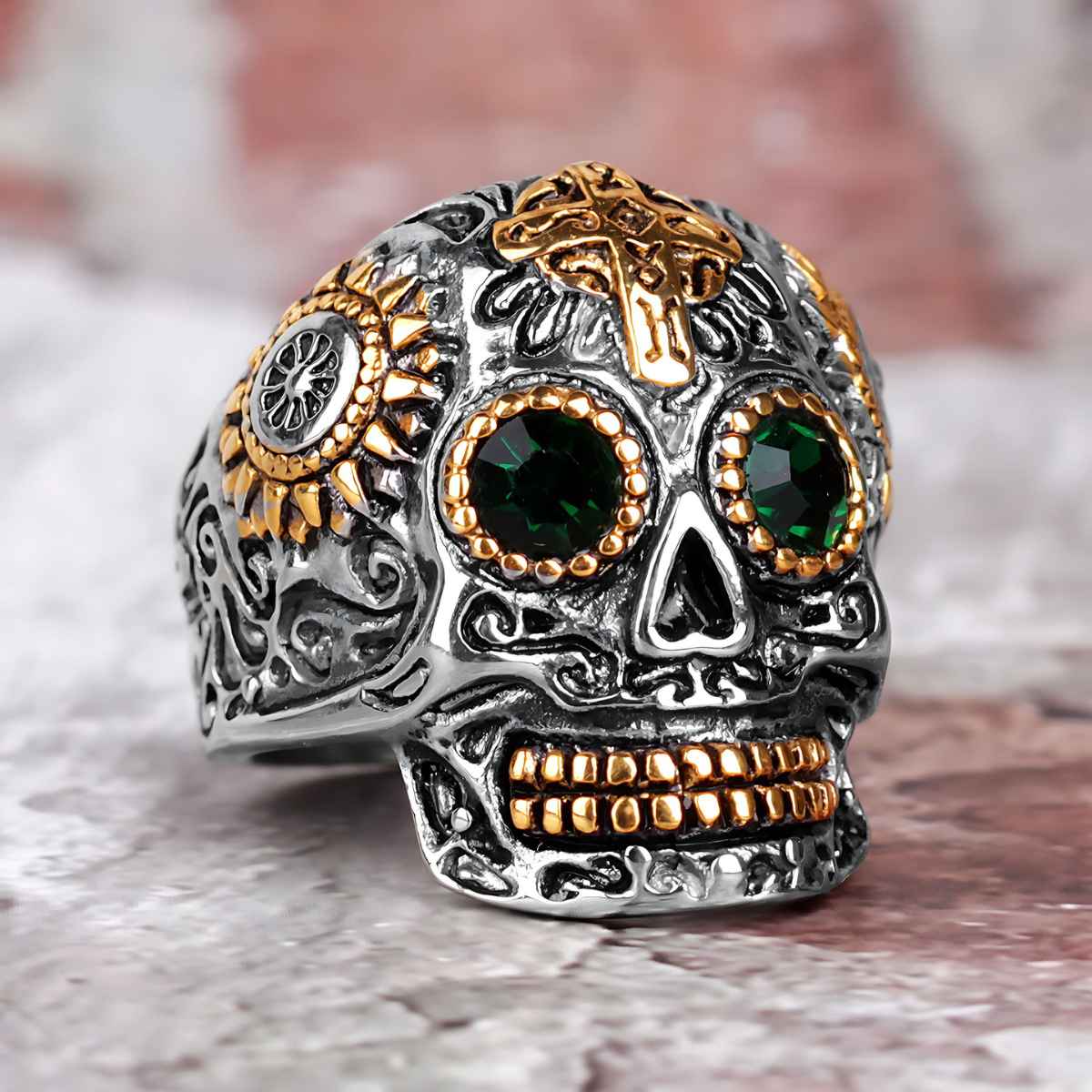 Sugar Skull Ring with Green Gemstone