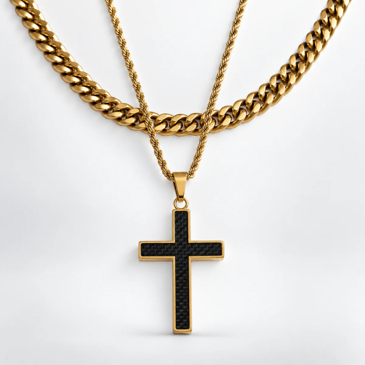 carbon fiber cross necklace layered set white background