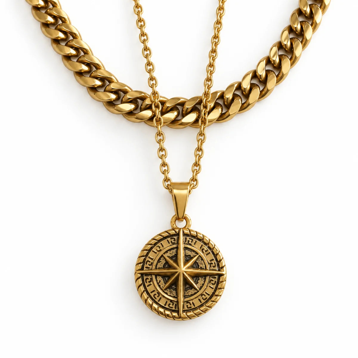 compass coin necklace gold layered set white background