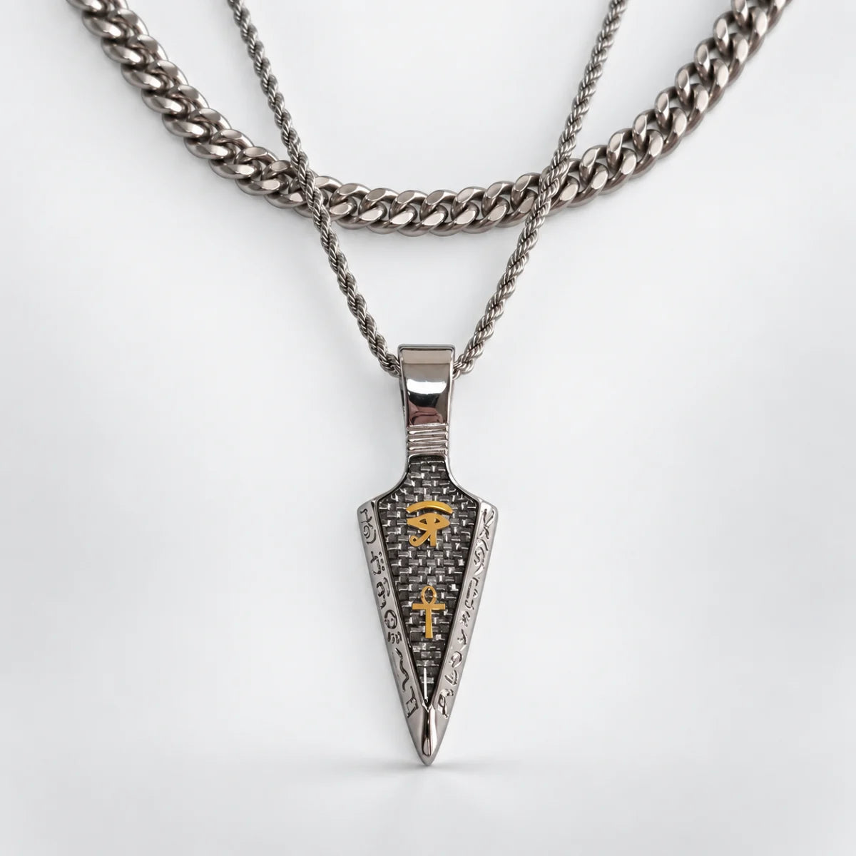 eye of horus ankh spearhead necklace layered set white background