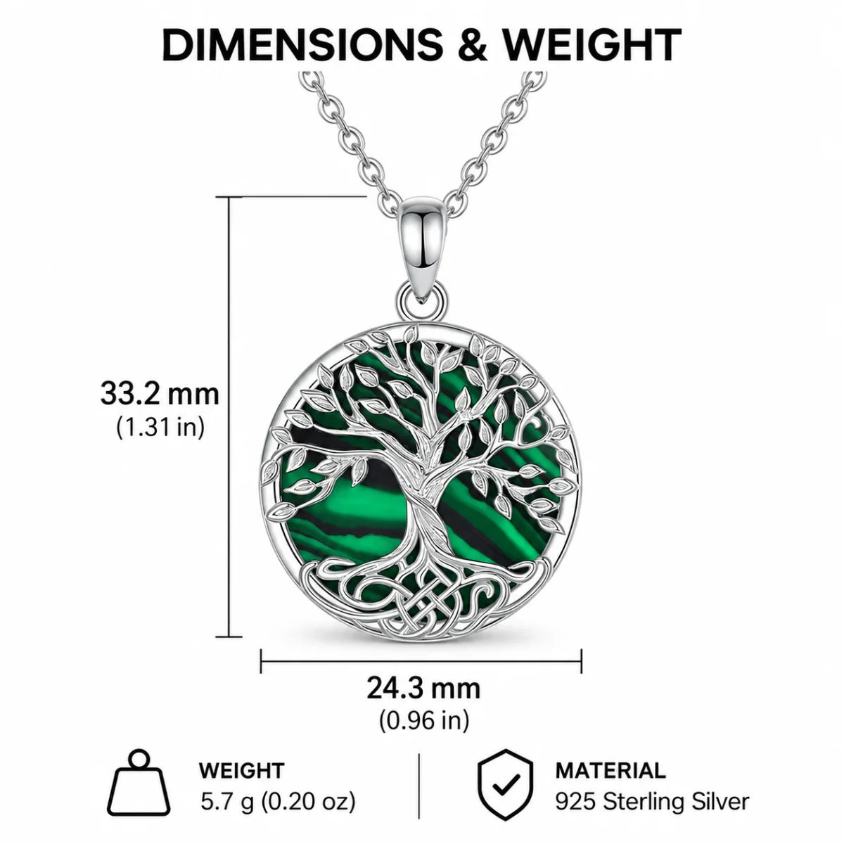 malachite tree of life necklace dimensions and weight