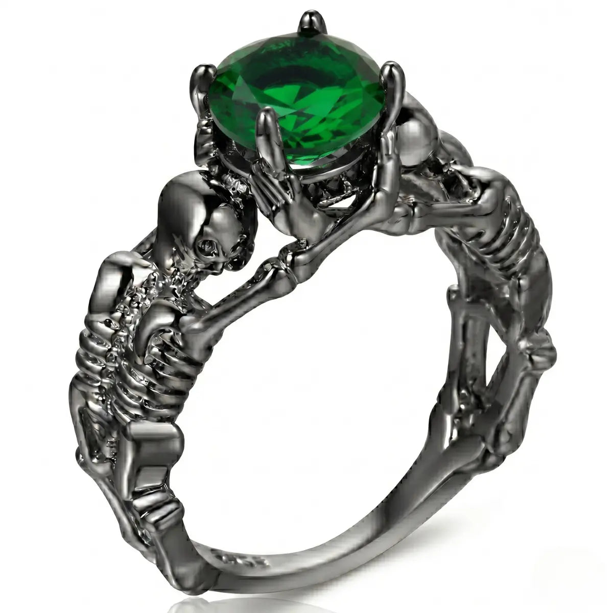 Skeleton Skull Engagement Ring Green Gem White Background Witchy Wedding Jewelry